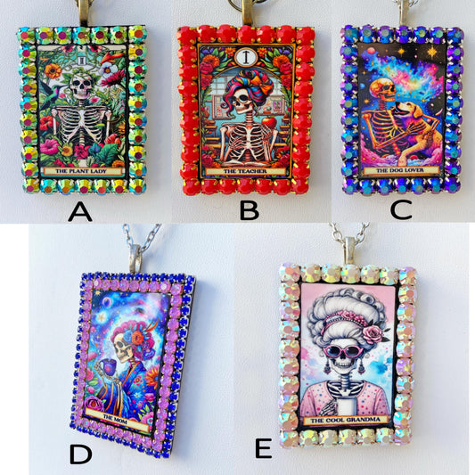 Tarot Card Necklace ~ Plant Lady, Dog Lover, Mom, Teacher, Cool Grandma, Colorful Rhinestones, Laser Cut Wood with Sublimated Images