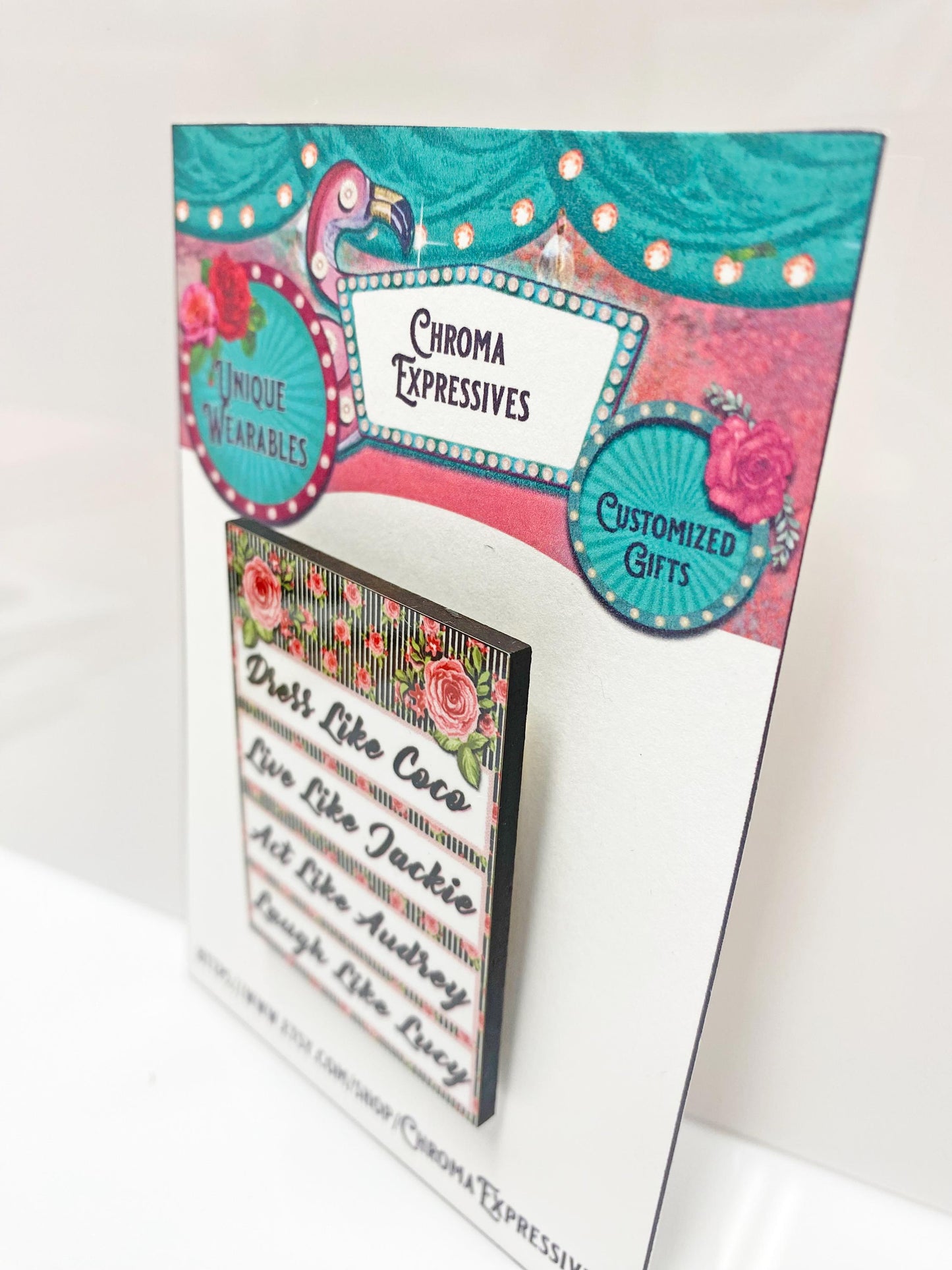 Dress Like Coco Brooch – Vintage-Inspired Wooden Pin – Audrey, Jackie, Lucy Quote – Handmade & Sublimated for Durability
