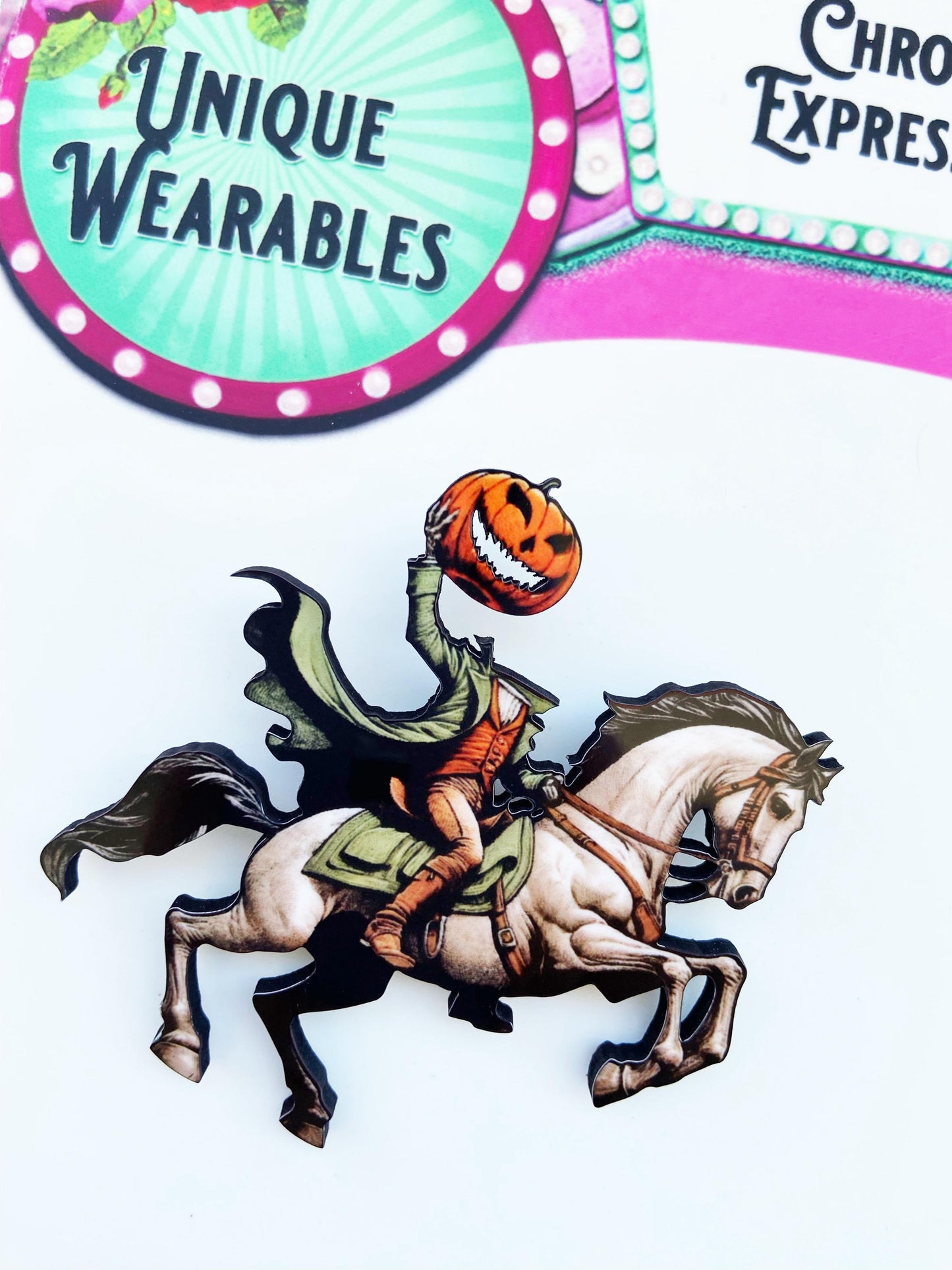 Headless Horseman Brooch / Pin, Spooky Season Jewelry, Illustration Art, Wearable Art, Sleepy Hollow, Ichabod Crane Villain, Halloween Pin