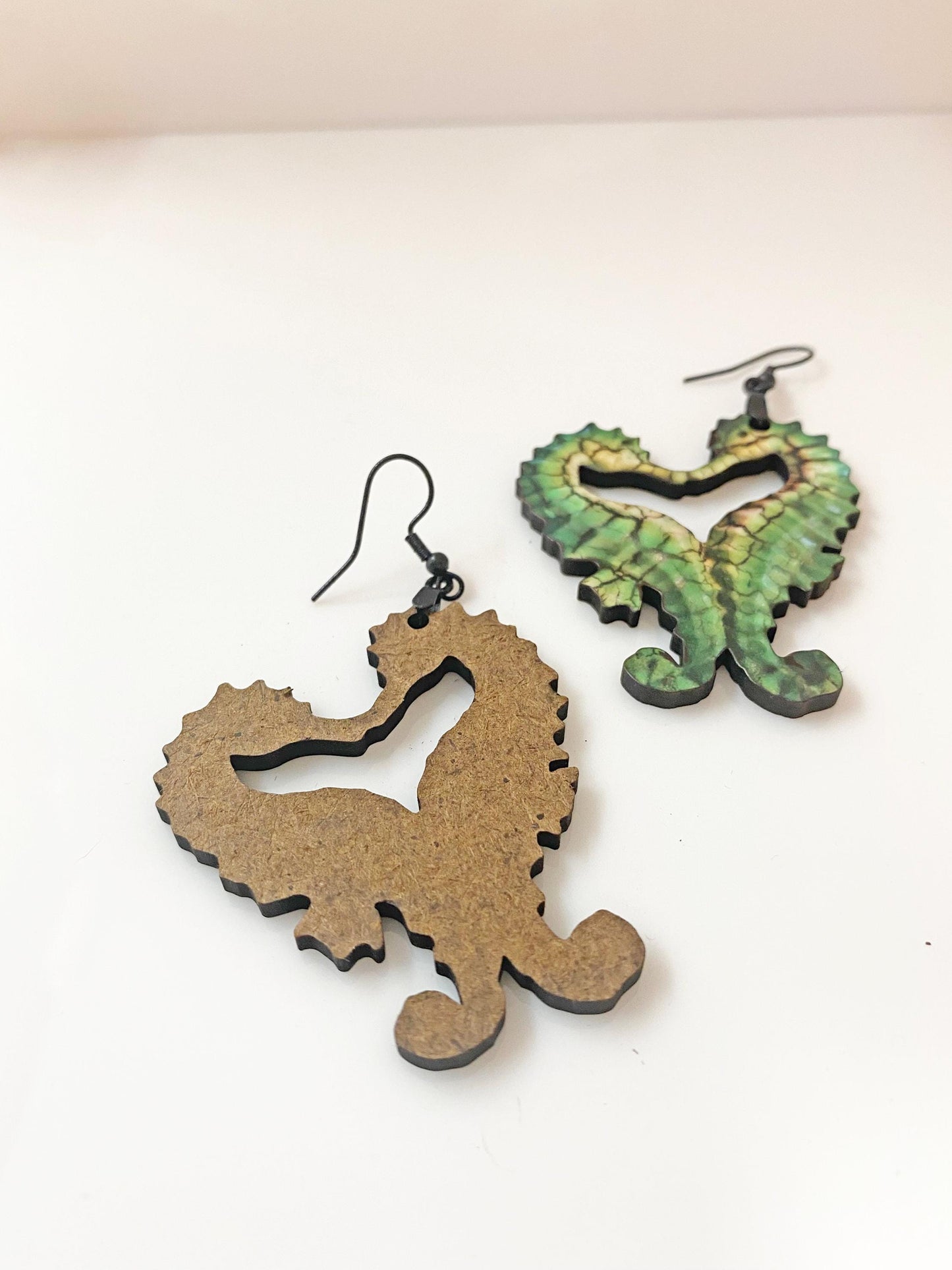 Handmade Wooden Seahorse Heart Earrings – Laser Cut & Sublimated for Durability – Ocean-Inspired Statement Jewelry