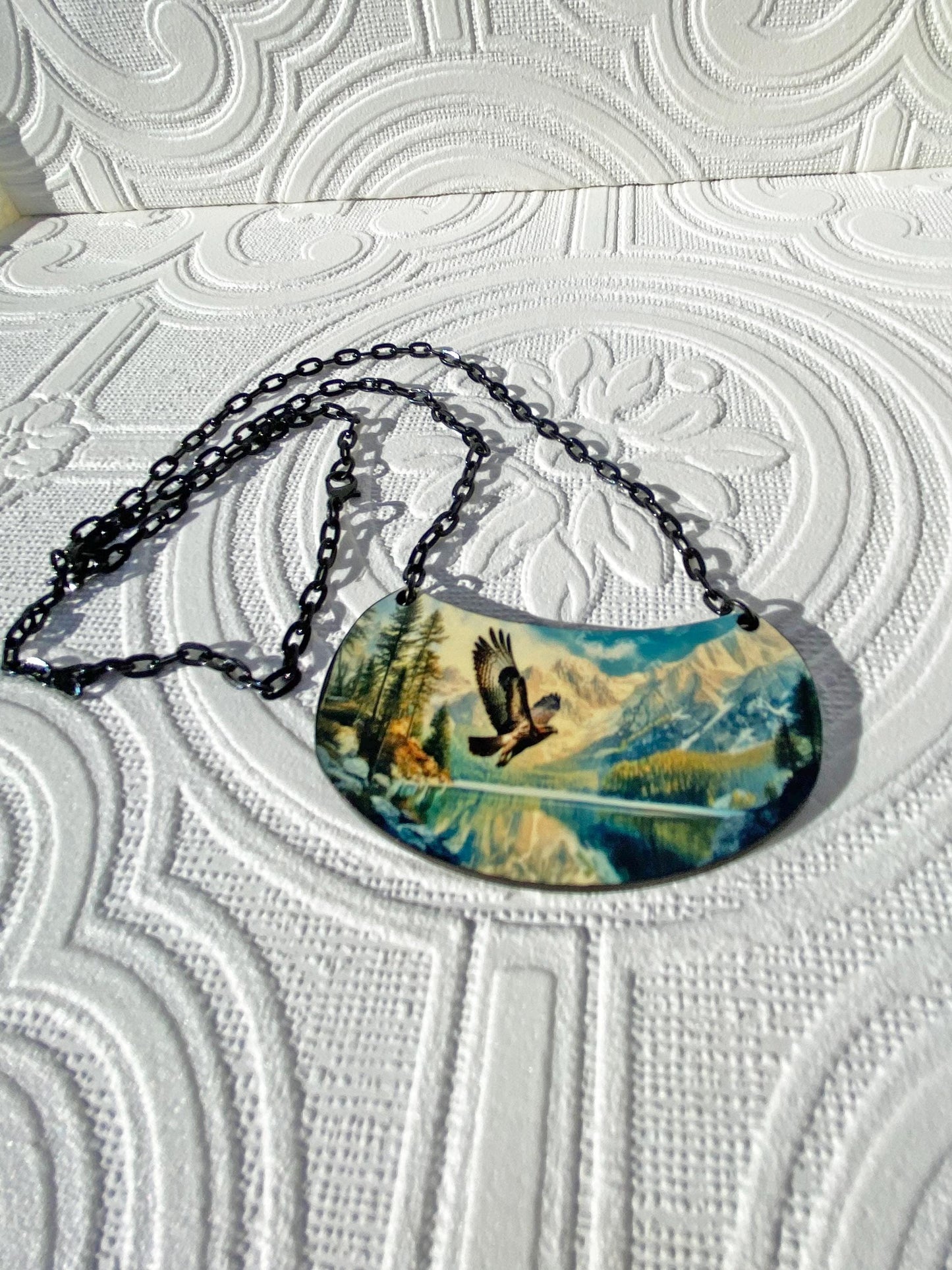 Beautiful Nature Scene Necklace, Hawk, Lake Mountains, Handcrafted ~ Gift for Nature Lover, Laser cut Wood, Sublimated Illustration