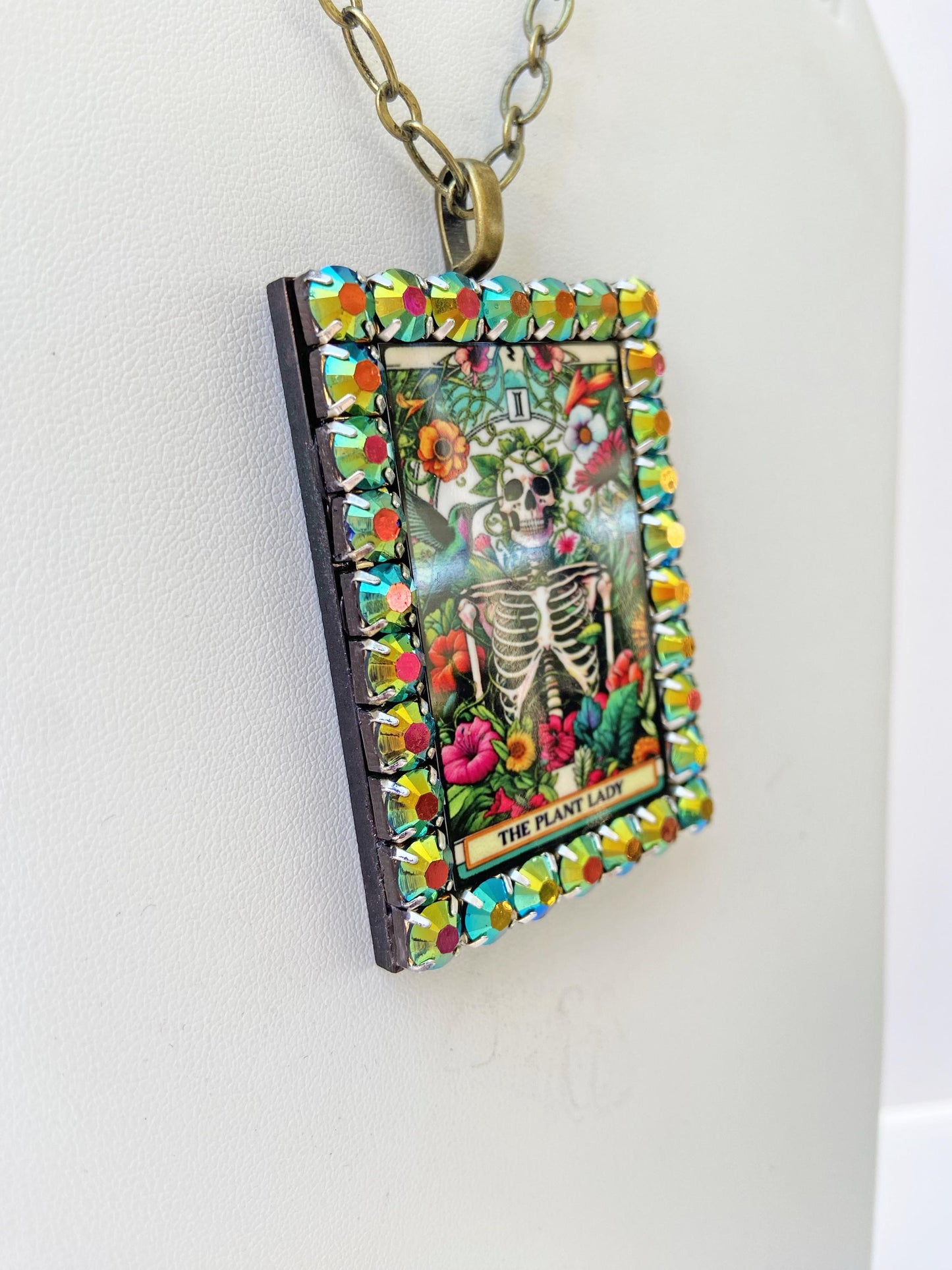 Tarot Card Necklace ~ Plant Lady, Dog Lover, Mom, Teacher, Cool Grandma, Colorful Rhinestones, Laser Cut Wood with Sublimated Images