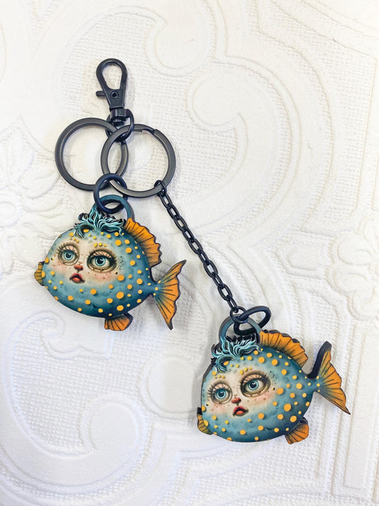 Whimsical Fish Keychain | Cute Double-Sided Bag Fob | Laser-Cut Wood | Unique Design | Purse, Backpack, or Key Ring Accessory