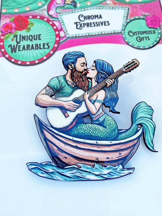 Brooch, Mermaid & Guitar Playing Man In Boat ~ Handsome Tattooed Man Serenading Beautiful Mermaid ~ Romance on the High Seas, Fun!