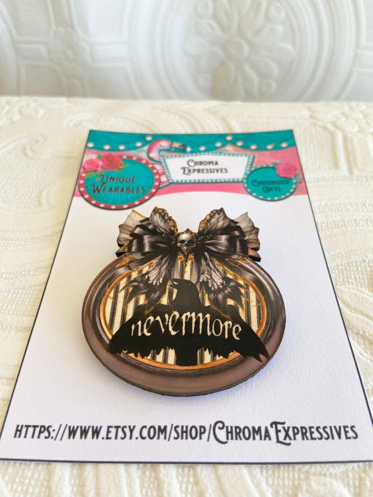 Nevermore Pin / Brooch, The Raven, Poe, Unique Design, Laser Cut wood, Sublimated Illustration, Goth Gift