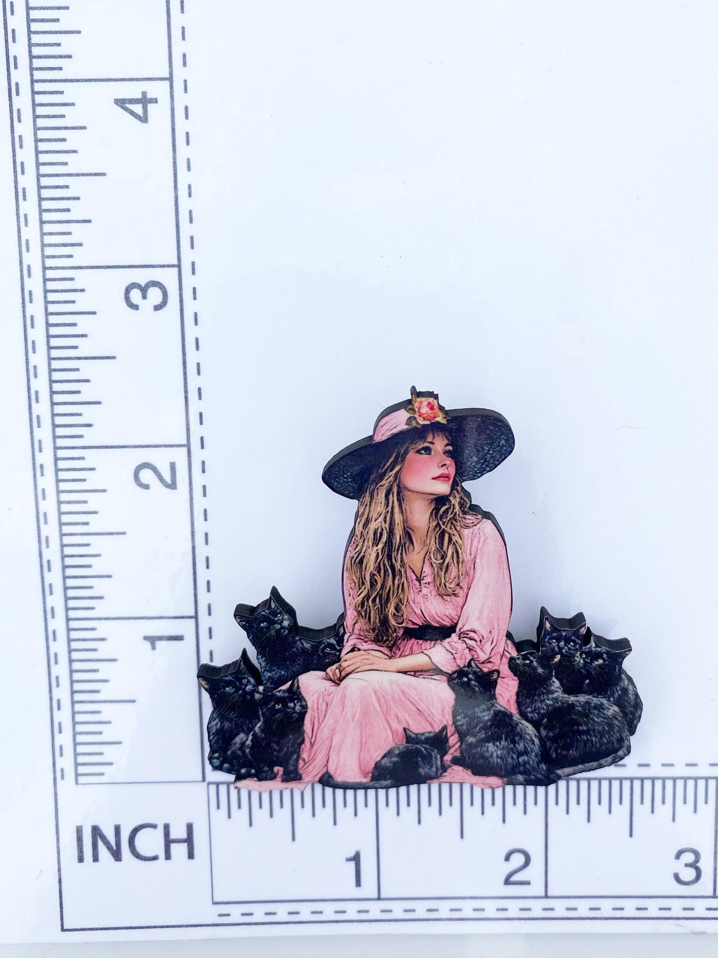 Mystical Woman & Black Cats Brooch – Sublimated Laser Cut Wood | Witchy Whimsy for Cat Lovers and Vintage Fashion Fans