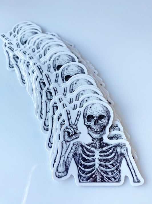 Skeleton Peace Sign Sticker – Spooky 2" Vinyl with Attitude from Beyond the Grave – Goth, Oddity, Paranormal & Alt Vibes