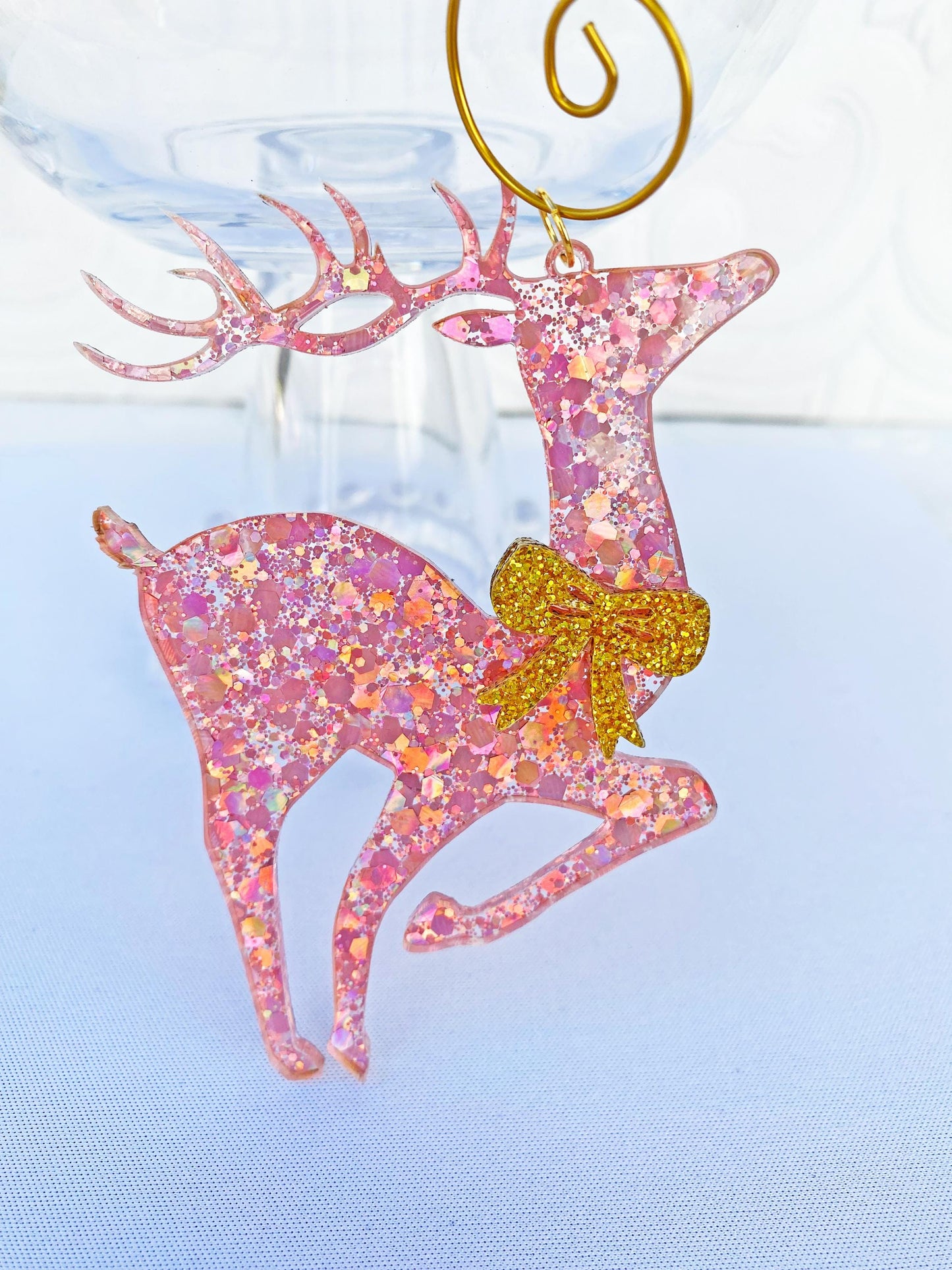 Beautiful Pink Reindeer Tree Ornaments (3) ~ Delux Glitter Acrylic, Very Sparkly, Bow's on Both Sides