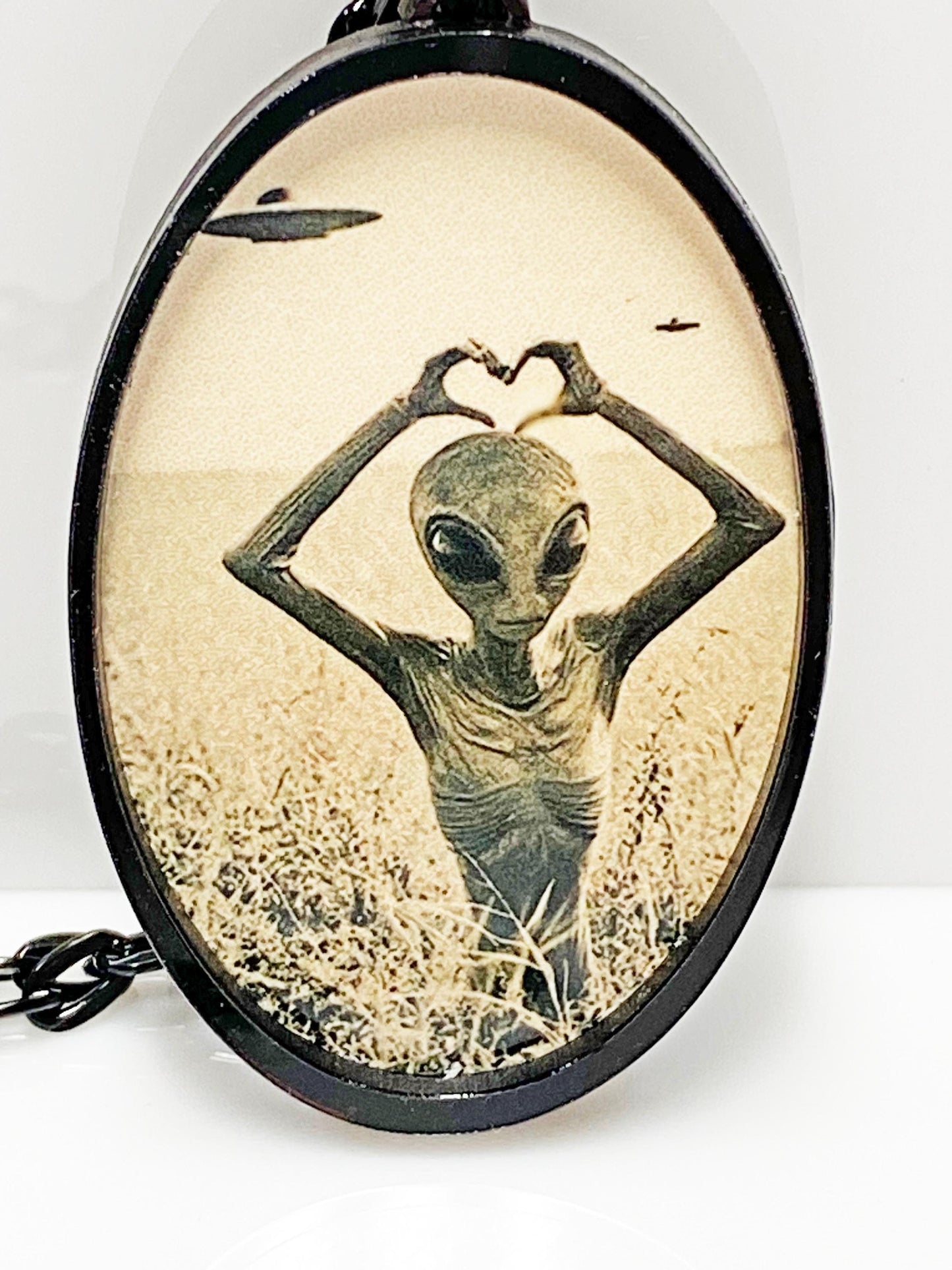 Retro Alien Necklace | We Come in Peace ~ UFO & Space Lover Jewelry | Laser Cut Sublimated Wood | 24” Black Chain | Sci-Fi Statement Pendant