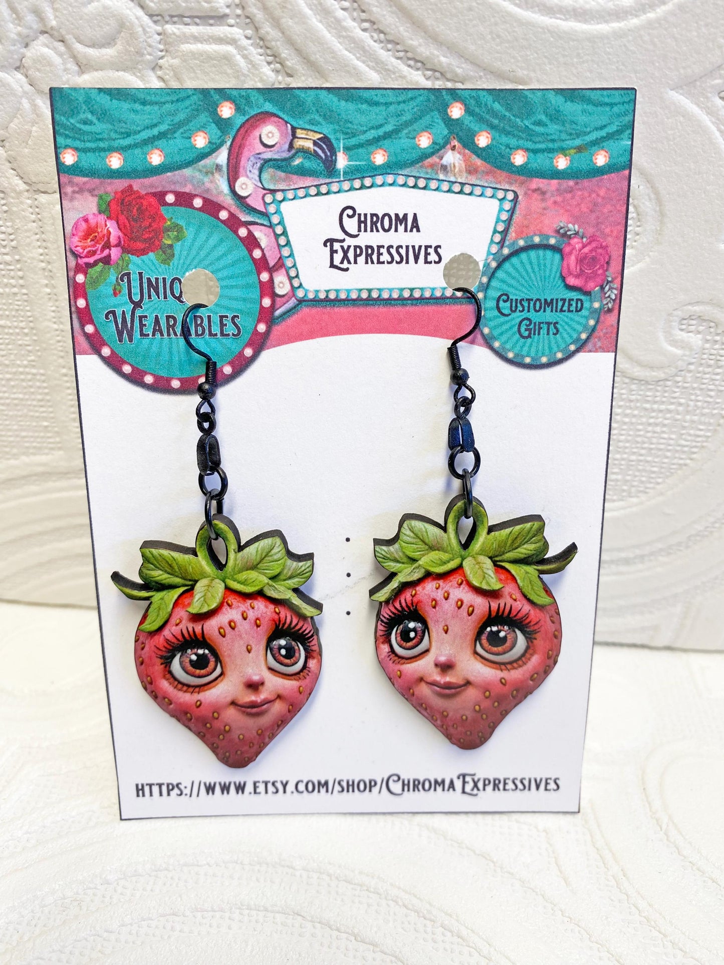 Strawberry Earrings, Whimsical, Weird and Wonderful!  Laser Cut Wood, Sublimated Image.  Pierced or Clip-on