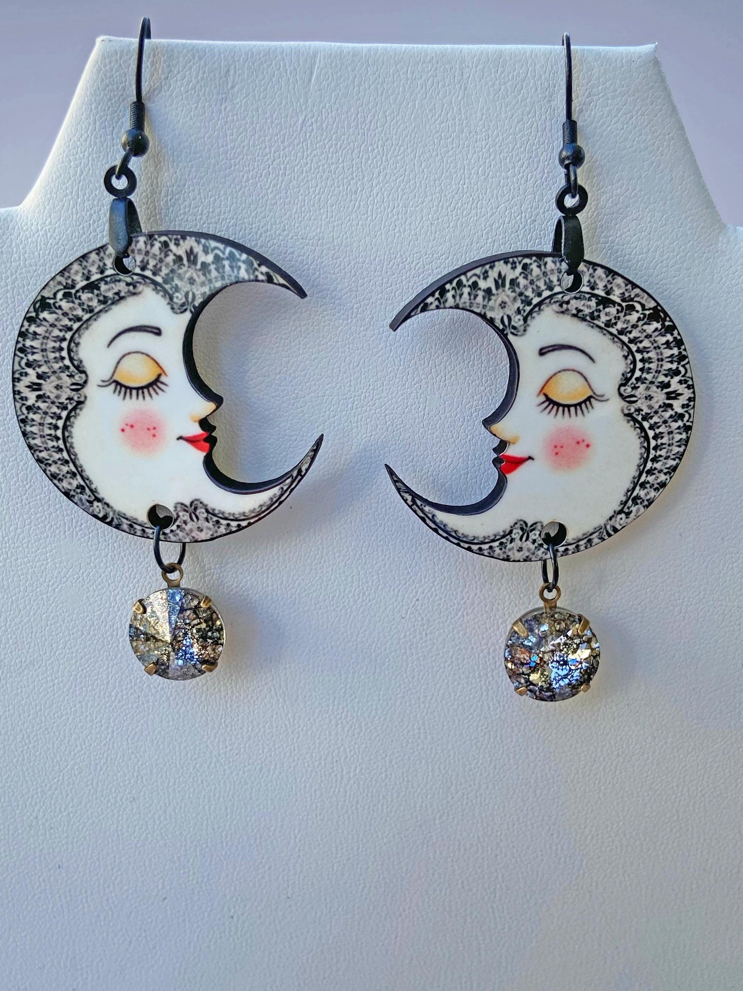 Pretty Lady Moon Earrings with Rivoli Dangle ~ Waning Moon, Celestial Jewelry, Gift for Mom, Wife or Friend