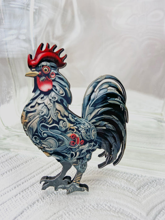 Steampunk Rooster Brooch ~ Cool Grey and Red Brooch, Rooster Lovers Jewelry, Great Gift Idea, Laser Cut Wood