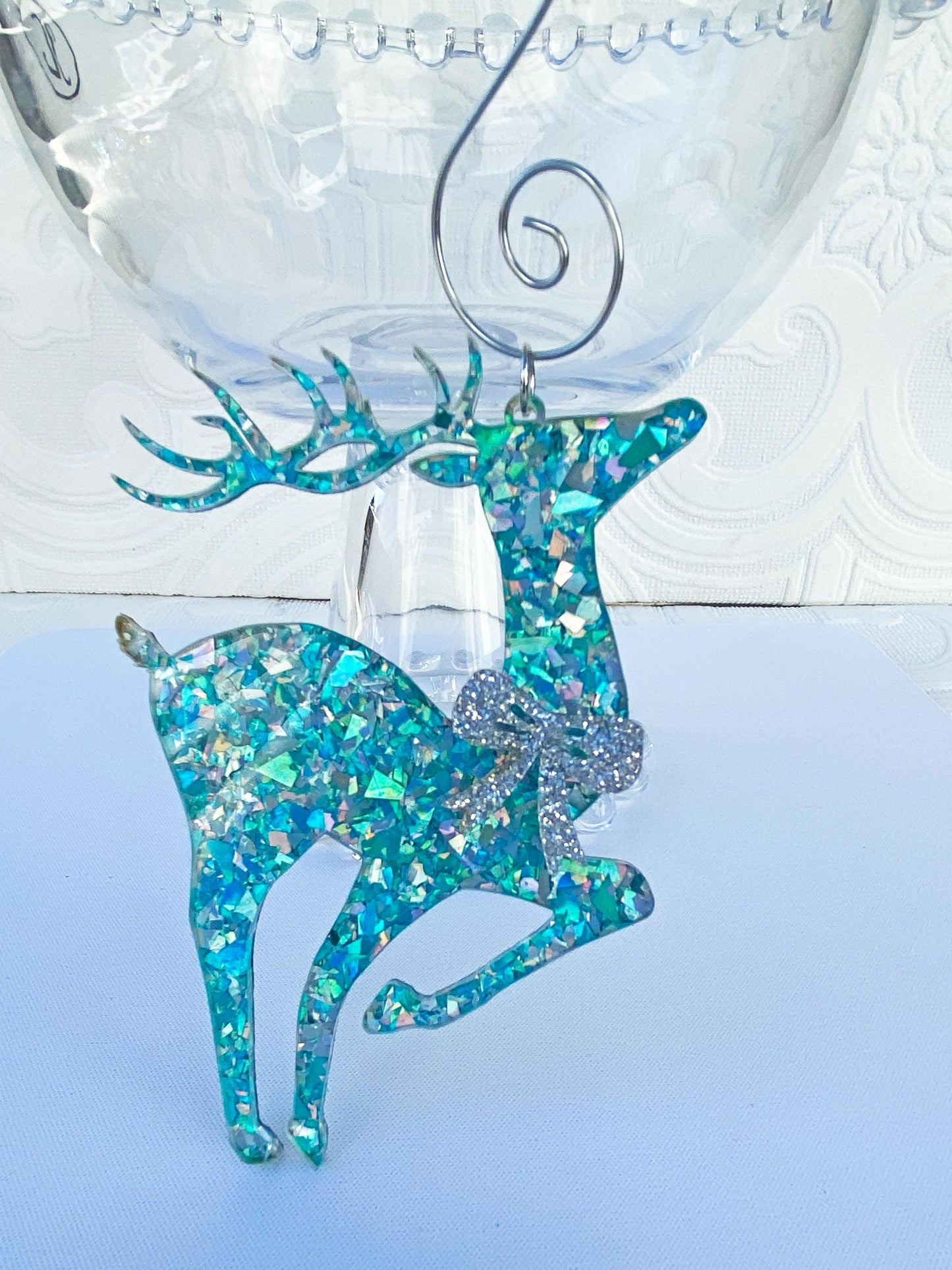 Beautiful Reindeer Tree Ornaments (3) ~ Delux Glitter Acrylic, Very Sparkly, Bow's on Both Sides