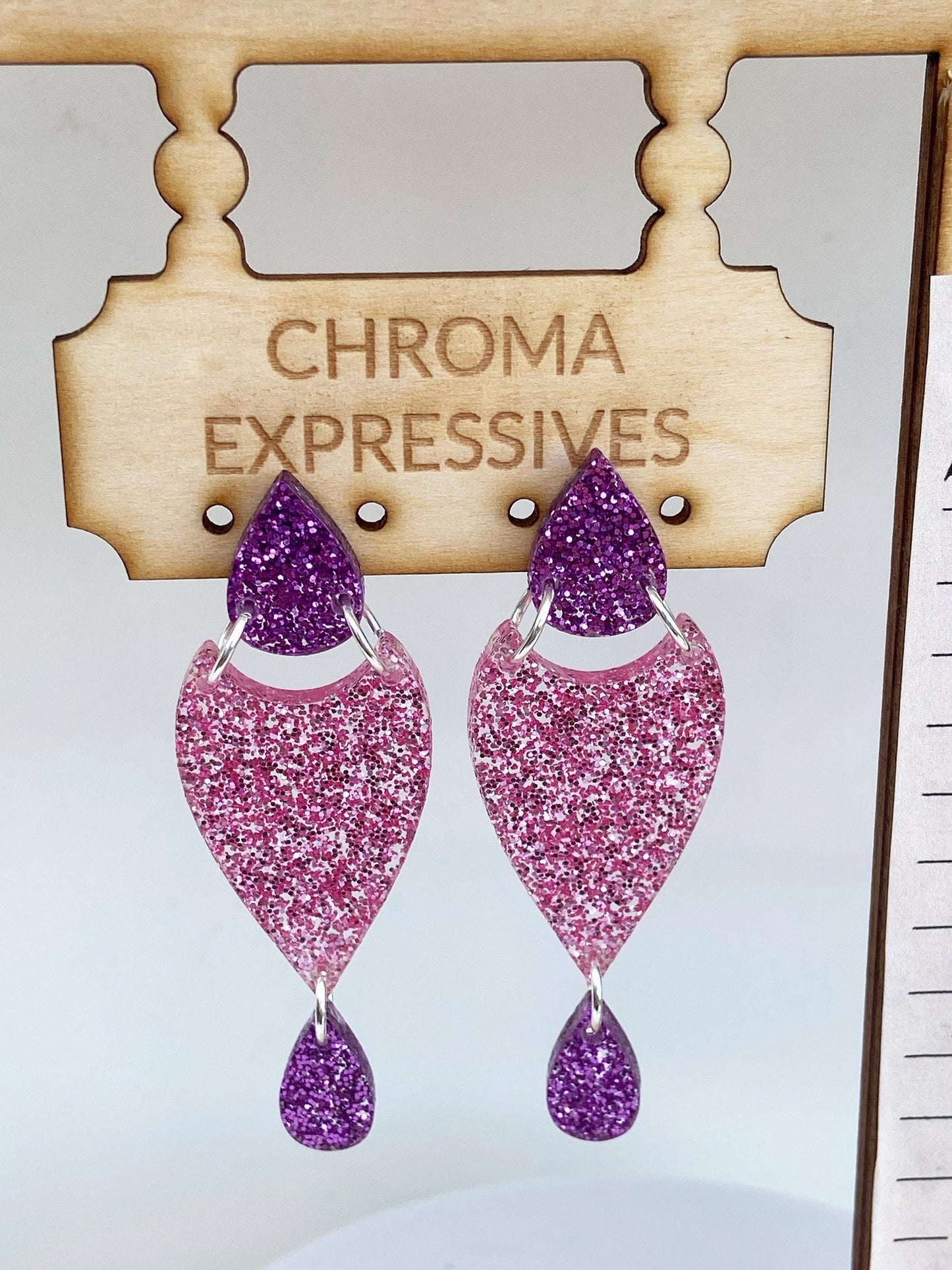 Lovely Purple and Pink Glitter Acrylic Dangle Earrings ~ Sparkly, lightweight, Perfect for work our a night out.  Great gift idea.