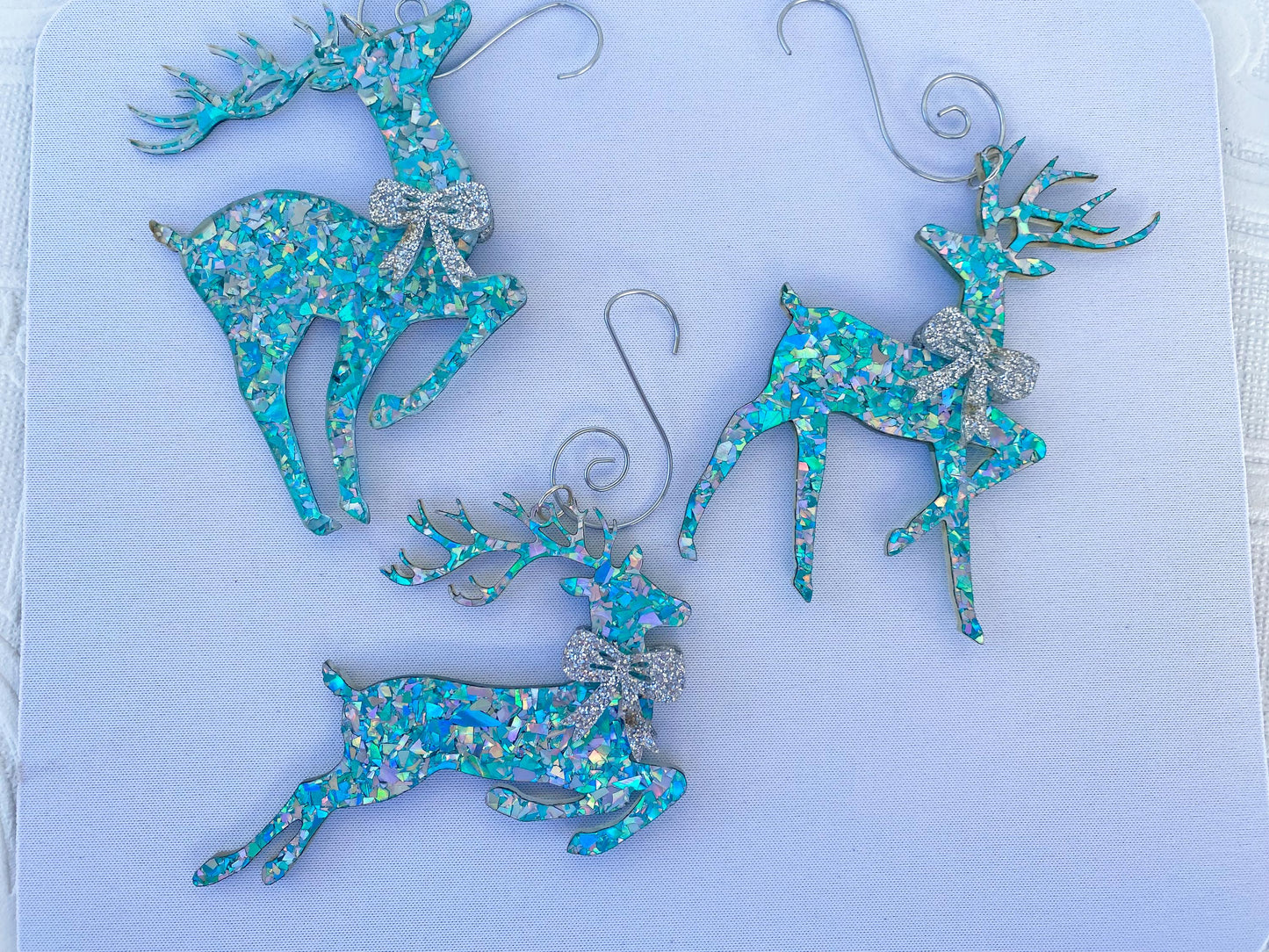 Beautiful Reindeer Tree Ornaments (3) ~ Delux Glitter Acrylic, Very Sparkly, Bow's on Both Sides