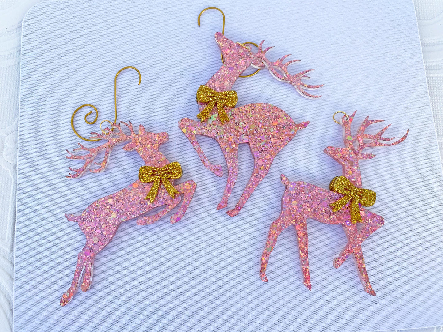 Beautiful Pink Reindeer Tree Ornaments (3) ~ Delux Glitter Acrylic, Very Sparkly, Bow's on Both Sides