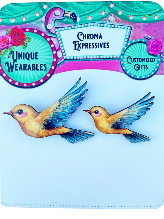 Beautiful Bird Brooch / Pin, Yellow and Blue Bird, Laser Cut and Sublimated Illustration, Bird Lover Gift Idea, Nature Inspired Jewelry