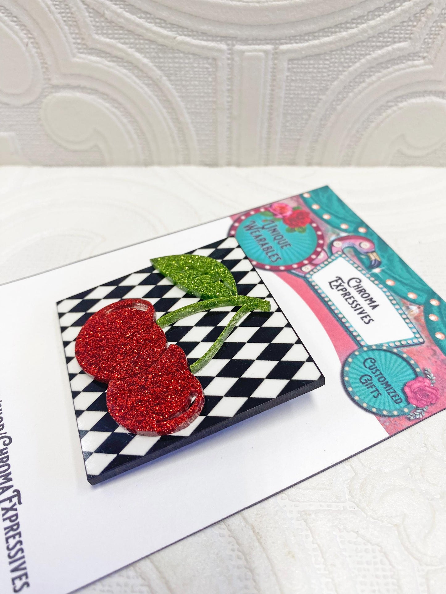 Rockabilly Cherry Brooch, Handcrafted from Wood and Acrylic.  Retro Pin-up Style, Very Classy and fun!  Measures 2-1/4" around.