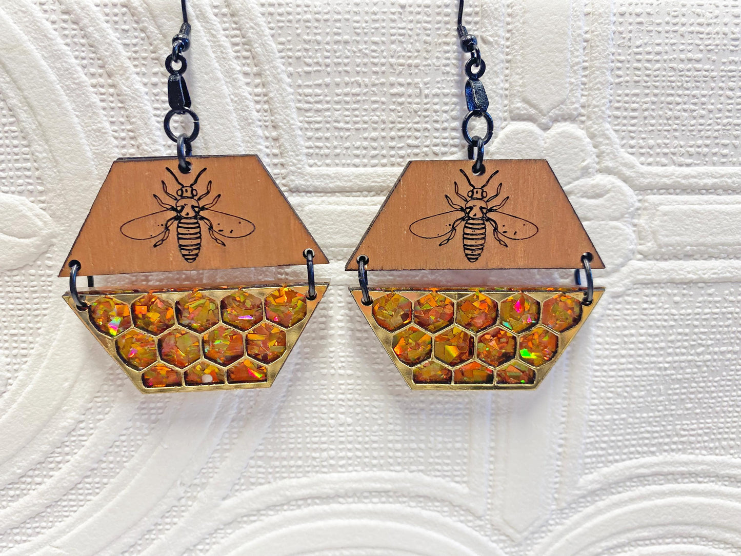 Bee and Honey Handcrafted Earrings, Clip-On or Pierced, Nature Inspired, Honeybee Love, Garden Lover Gift, Laser Cut Wood and Acrylic