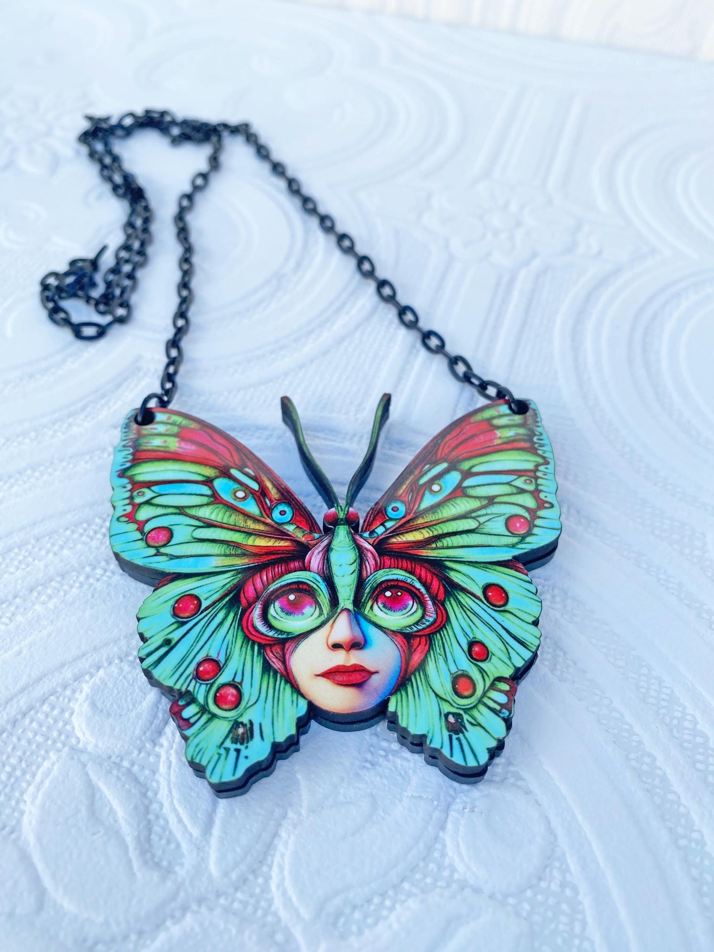 Butterfly Necklace, Oddity Design, Beautiful and Strange ~ Laser Cut Wood and Acrylic, Sublimated Image