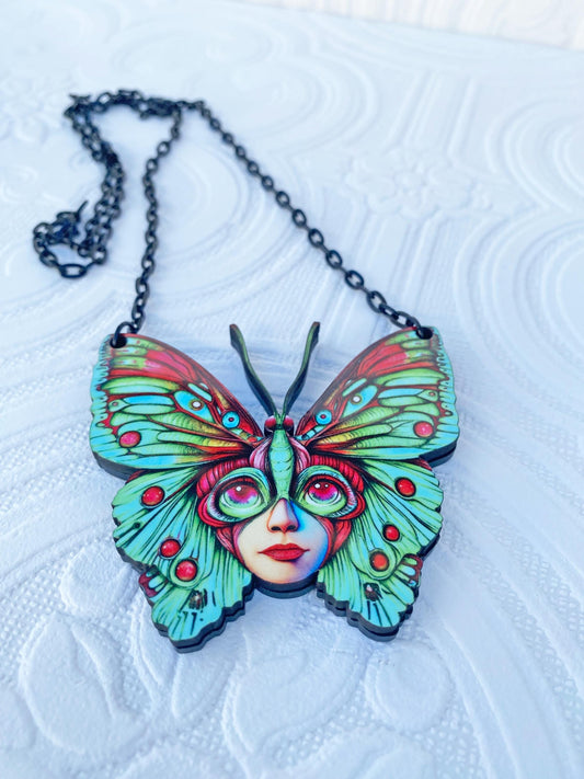 Butterfly Necklace, Oddity Design, Beautiful and Strange ~ Laser Cut Wood and Acrylic, Sublimated Image