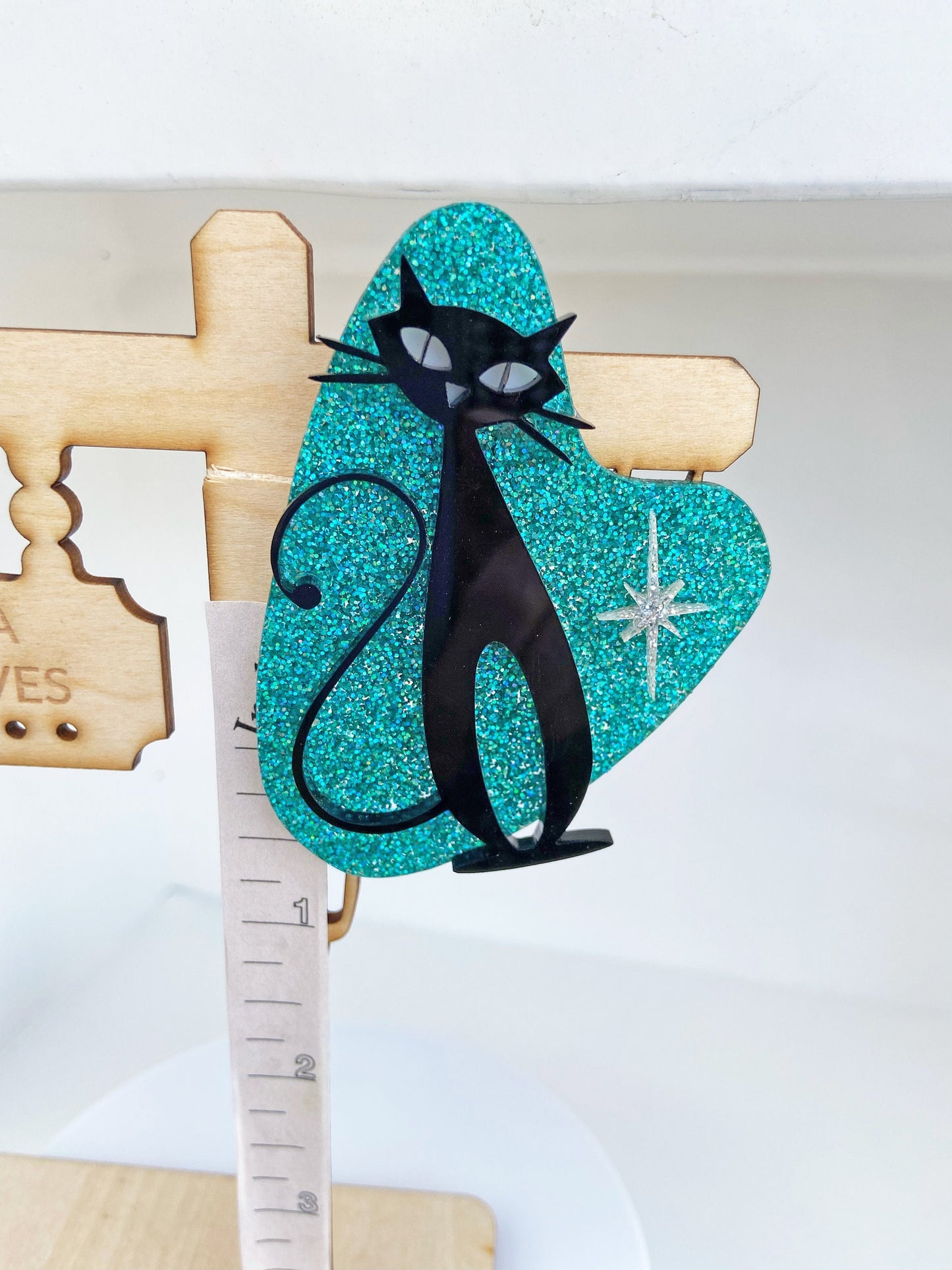 Cool Atomic Cat Brooch or Necklace ~ Teal Glitter Acrylic, Black cat and Silver Glitter Star. ~ Mid Century Modern Wearable Art.