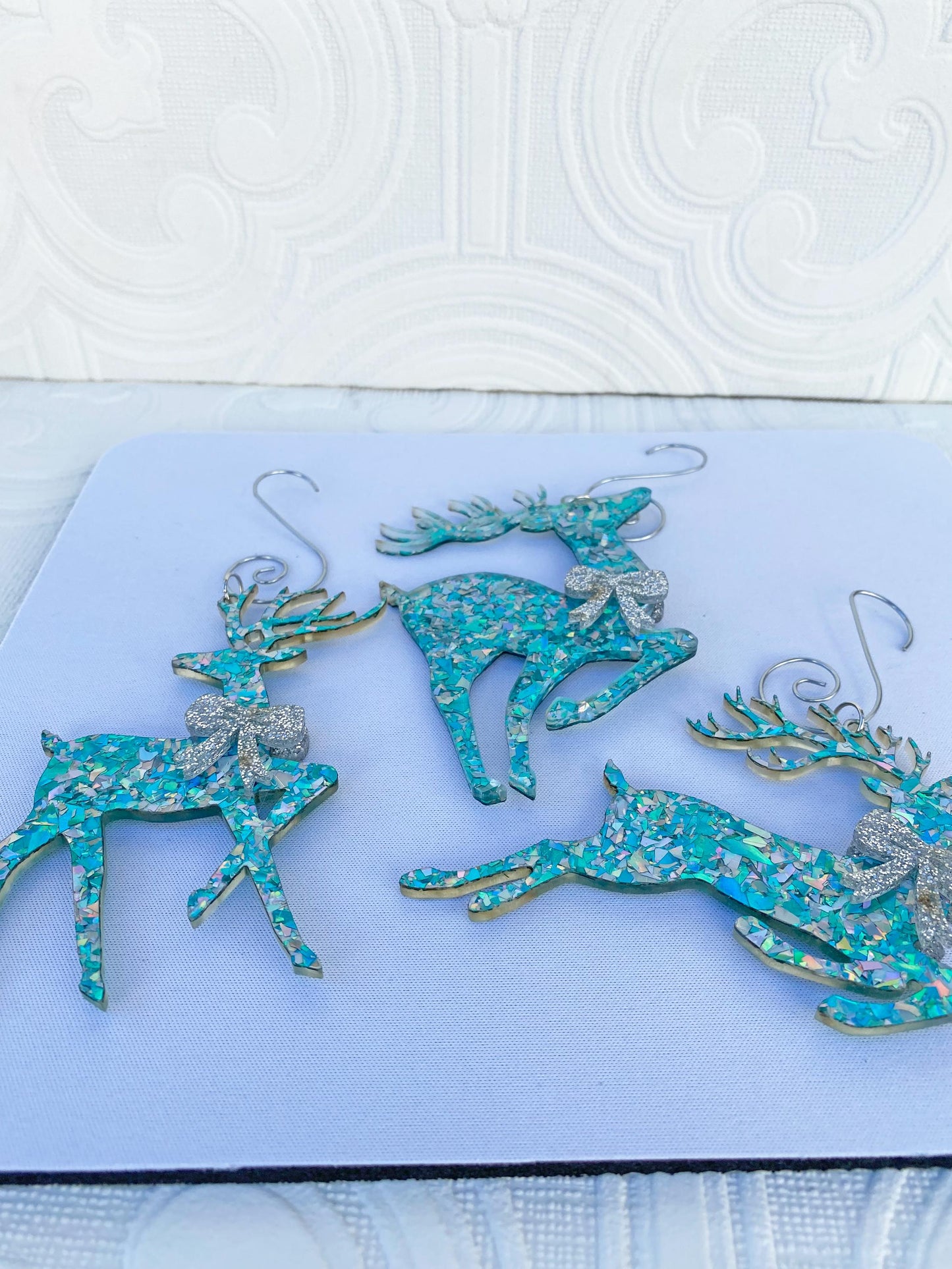 Beautiful Reindeer Tree Ornaments (3) ~ Delux Glitter Acrylic, Very Sparkly, Bow's on Both Sides