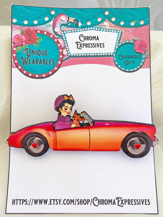 Cool Vintage Gal with her Dog in Convertible Car Brooch ~ Whimsical Design, Orange, Red & Purple Colors, Laser Cut Wood, Sublimated Image
