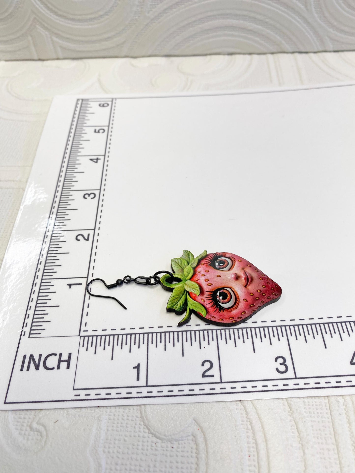 Strawberry Earrings, Whimsical, Weird and Wonderful!  Laser Cut Wood, Sublimated Image.  Pierced or Clip-on