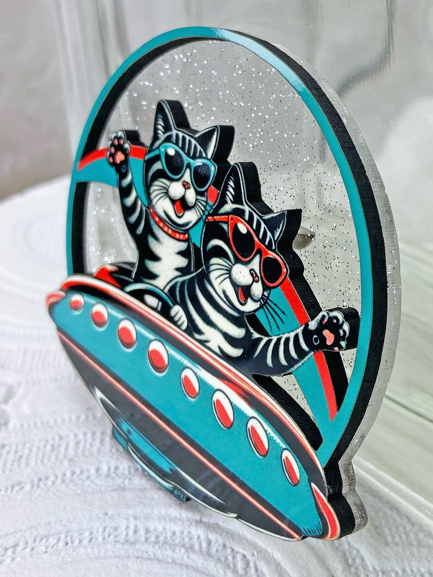 Cool Cats in Outer Futuristic Space Brooch / Pin ~ Flying Saucer, Teal & Red, Wood and Acrylic Laser Cut, Handcrafted, Unique Gift Idea