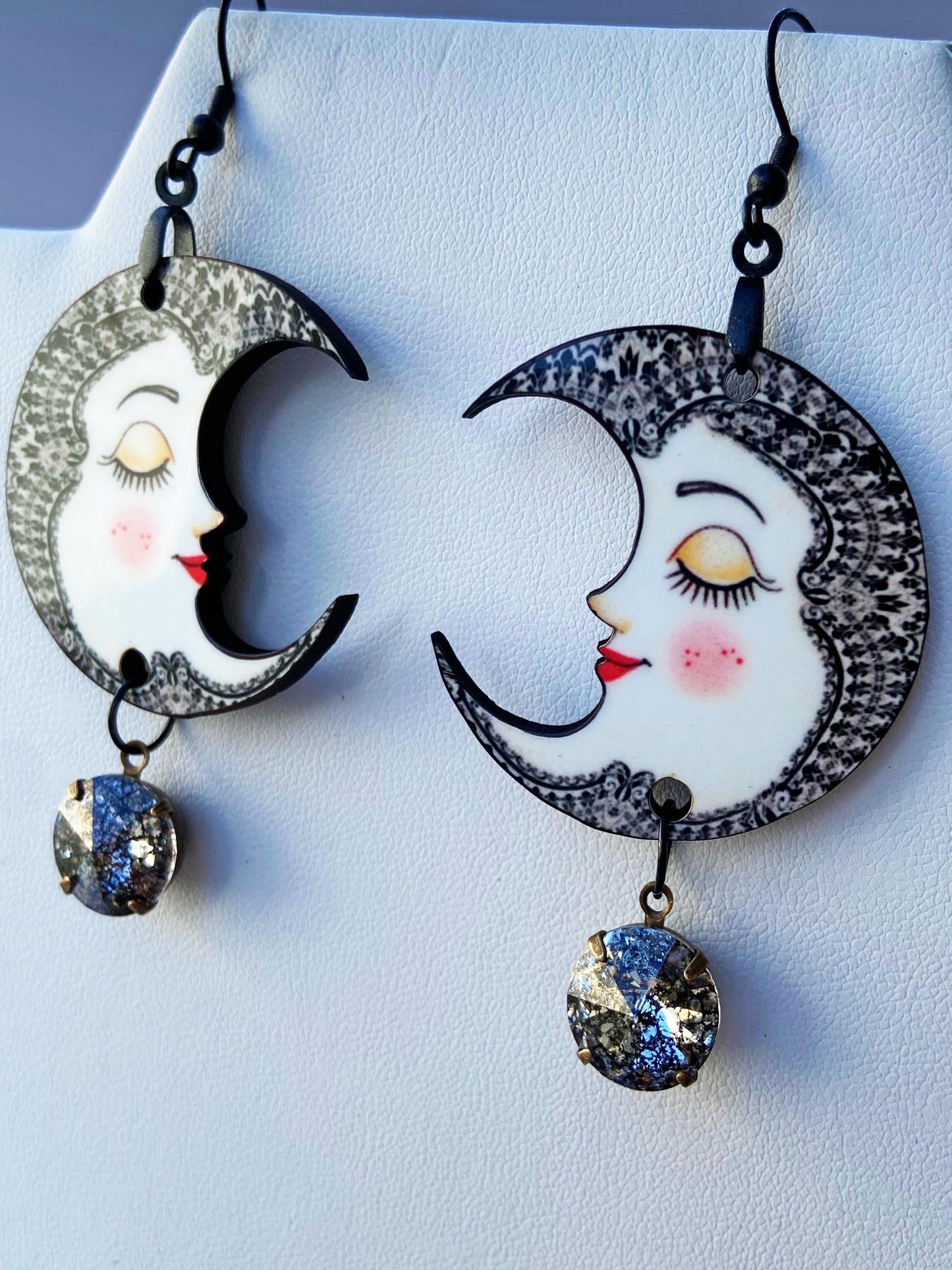 Pretty Lady Moon Earrings with Rivoli Dangle ~ Waning Moon, Celestial Jewelry, Gift for Mom, Wife or Friend