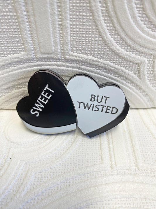 Black & White Heart Brooch, Sweet but Twisted, Layered Acrylic, Fun and Edgy