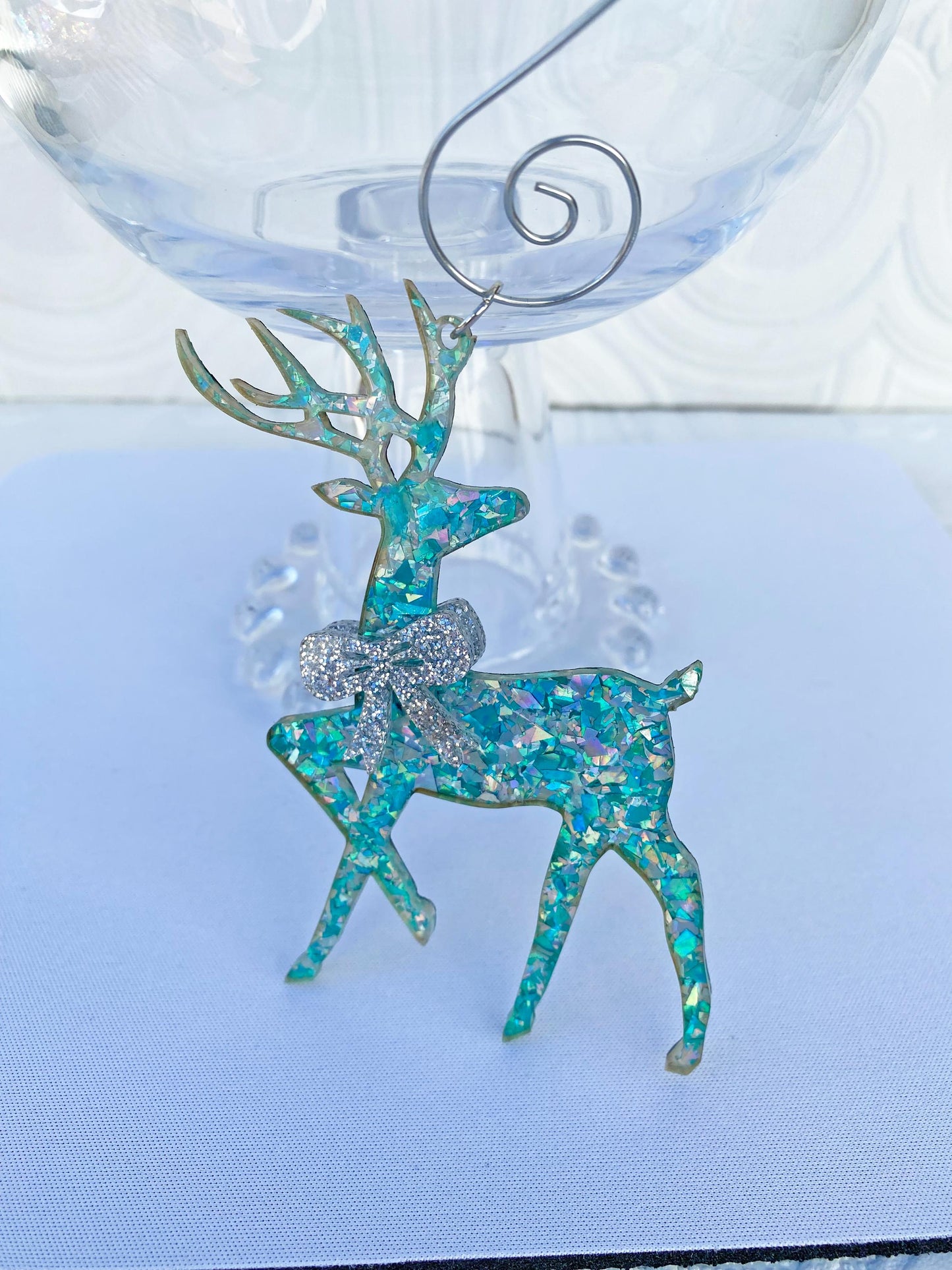 Beautiful Reindeer Tree Ornaments (3) ~ Delux Glitter Acrylic, Very Sparkly, Bow's on Both Sides