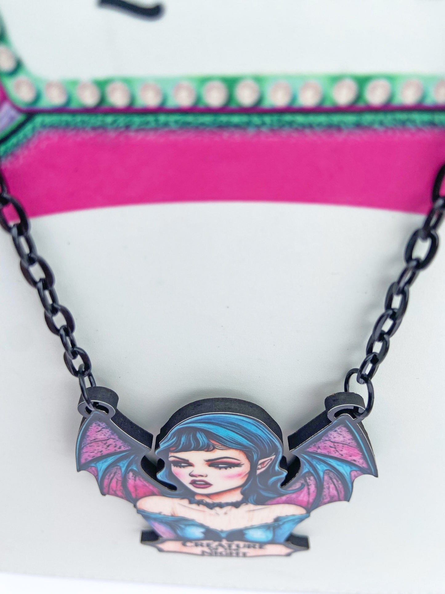 Illustration Art Bat Necklace, Earrings or Brooch ~ Bat Woman / Girl, Creature of the Night ~ Blue and Pinks, Great Gift Idea