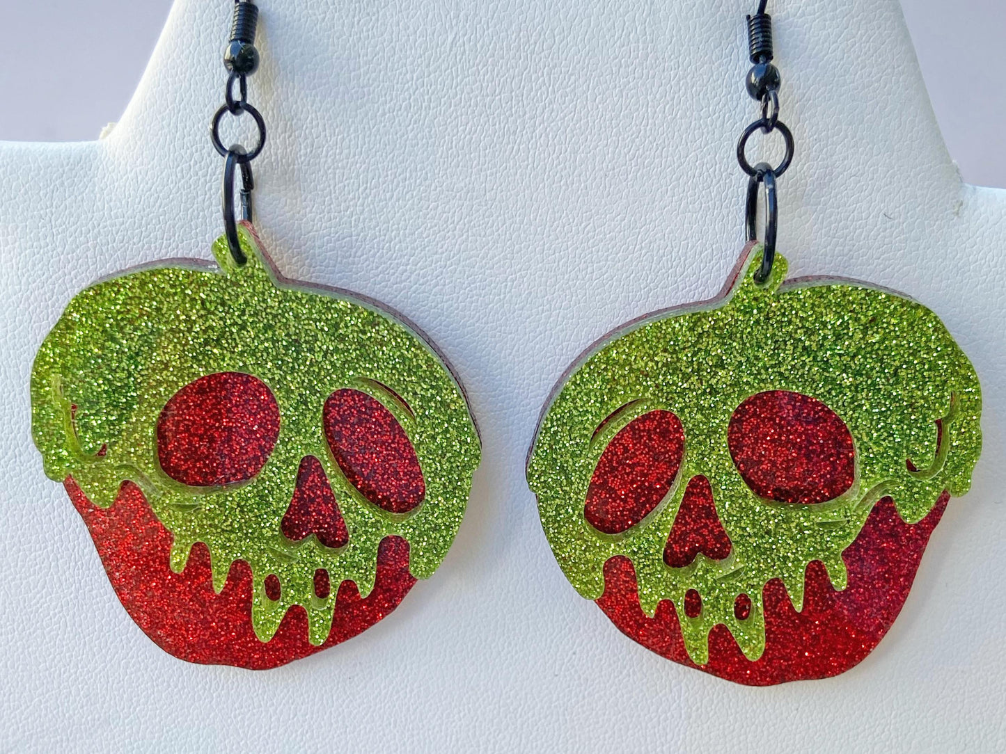 Poison Candy Apple Earrings ~ Halloween Jewelry ~ Spooky Season Skeleton Earrings ~ Laser Cut Red and Green Glitter Acrylic
