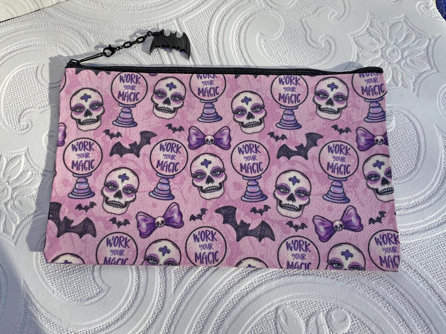 Makeup Bag, Cosmetic Bag, Pencil Bag ~ Goth Theme!  Super Cool and Unique bag, ~ Bats, Skeletons, Crystal Ball in Pink and Purples