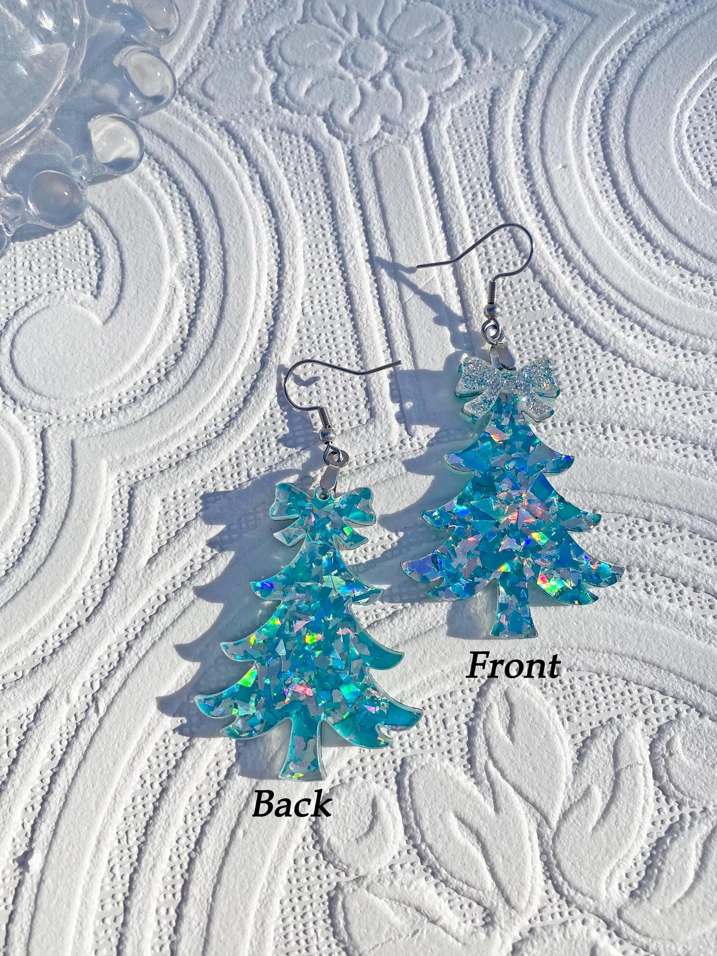 Christmas Tree Glitter Earrings ~ Super Glitzy Handcrafted Tree Earrings with Silver Bows, Ear Wire or Clip-on Available.