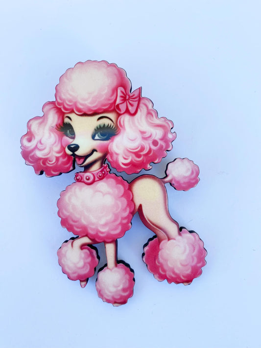 Retro Pink Poodle Kitsch Brooch - Laser Cut Wood with Sublimated Vintage Design, Poodle Lover Gift Idea