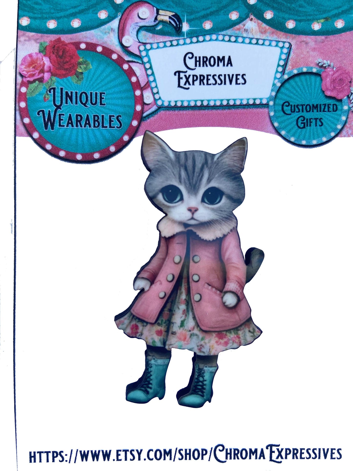 Pink Coat Cute Cat Brooch or Earrings, Clip-on or Wires, Adorable Wearable Art, Winter Ready with her Boots.  Laser cut wood, Sublimation