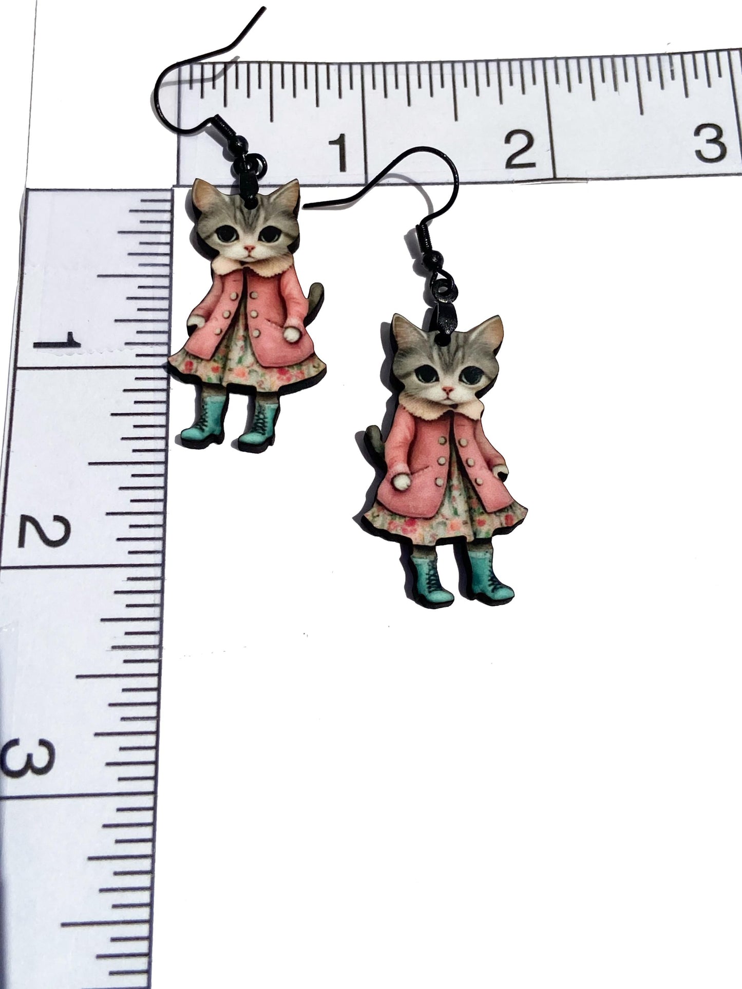 Pink Coat Cute Cat Brooch or Earrings, Clip-on or Wires, Adorable Wearable Art, Winter Ready with her Boots.  Laser cut wood, Sublimation