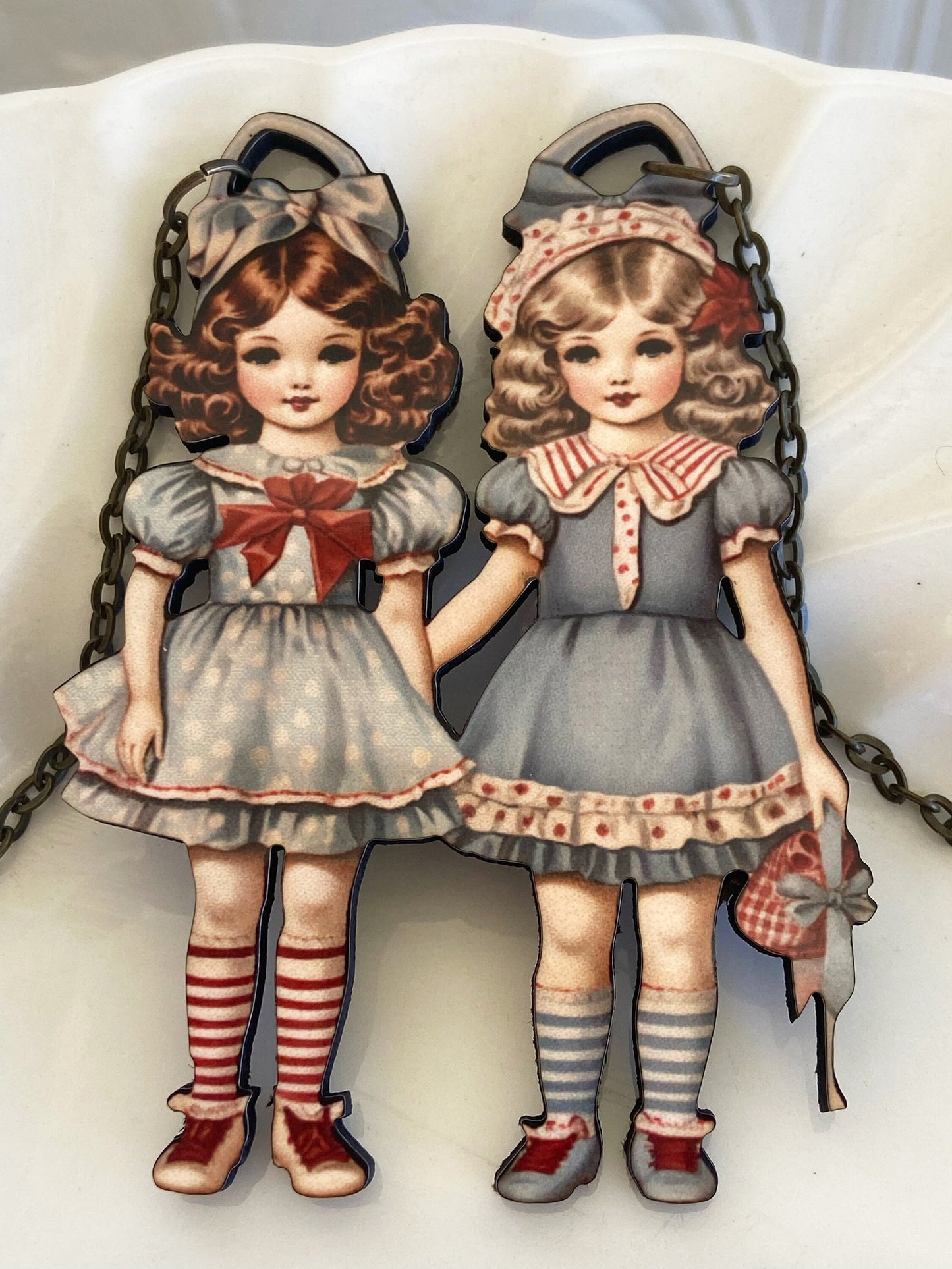 Adorable Twins or Girl Friends Necklace ~ Vintage Look, Blues and reds ~ Wearable Art ~ Laser Cut Wood, Sublimated Illustration