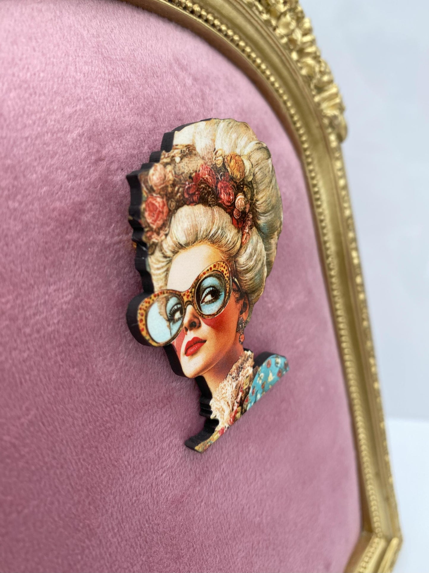 Marie Antoinette with Attitude Brooch – Sublimated Laser Cut Wood | Vintage Glam Meets Modern Sass