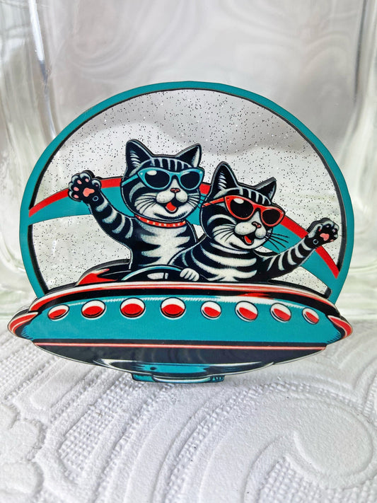 Cool Cats in Outer Futuristic Space Brooch / Pin ~ Flying Saucer, Teal & Red, Wood and Acrylic Laser Cut, Handcrafted, Unique Gift Idea