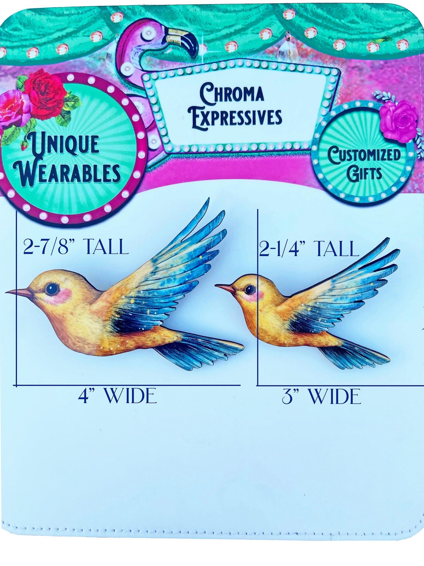 Beautiful Bird Brooch / Pin, Yellow and Blue Bird, Laser Cut and Sublimated Illustration, Bird Lover Gift Idea, Nature Inspired Jewelry