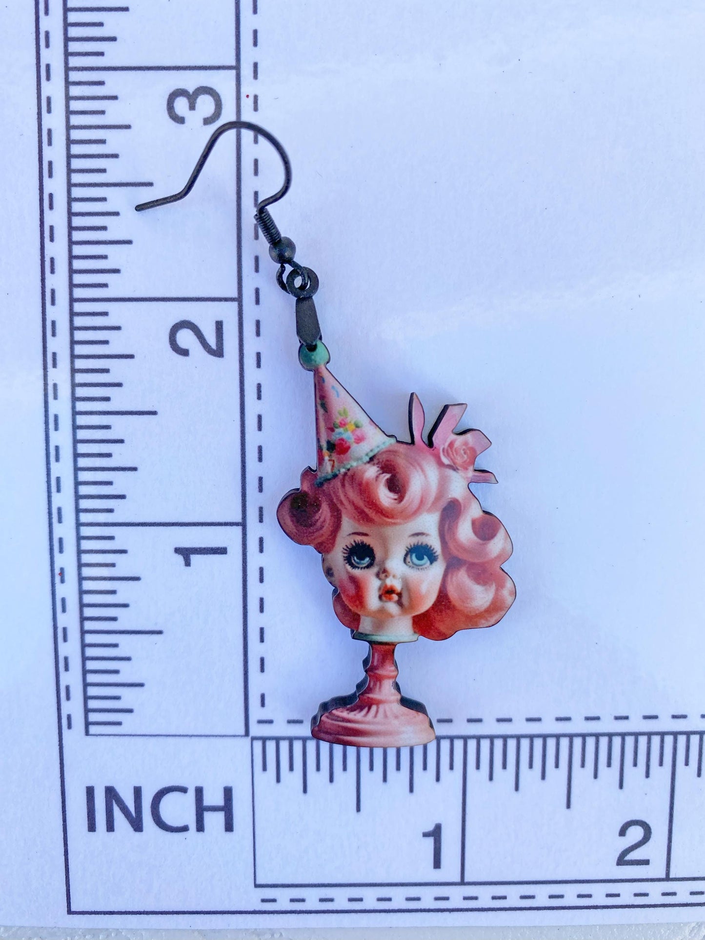 Quirky Doll Head Birthday Girl Earrings - For the Birthday Girl! Laser Cut Wood with Sublimated Design. Ear Wires or Clip-On