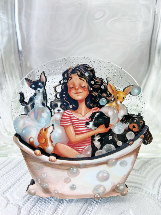 Adorable Handcrafted Dog Wash Brooch ~ Illustration of Happy Dogs getting Cleaned Up ~ Laser Cut Wood and Acrylic ~ Unique Gift Idea