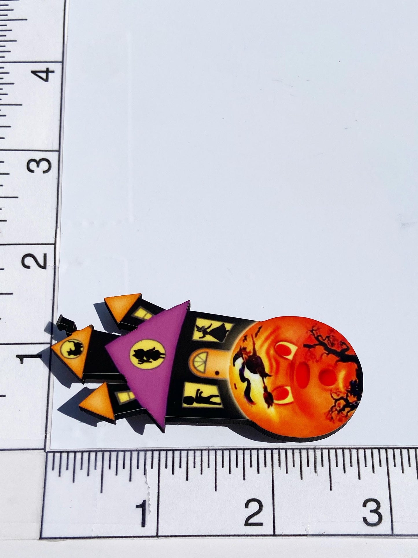 Halloween Brooch, Spooky Season Jewelry, Haunted House, Scared Moon with Witch, Halloween Lover Gift, Laser Cut Wood, Sublimated Image
