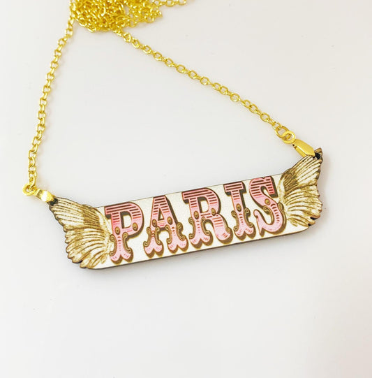 Paris Winged Necklace – Handmade Vintage-Inspired Wooden Pendant with Gold Chain – Sublimated for Durability