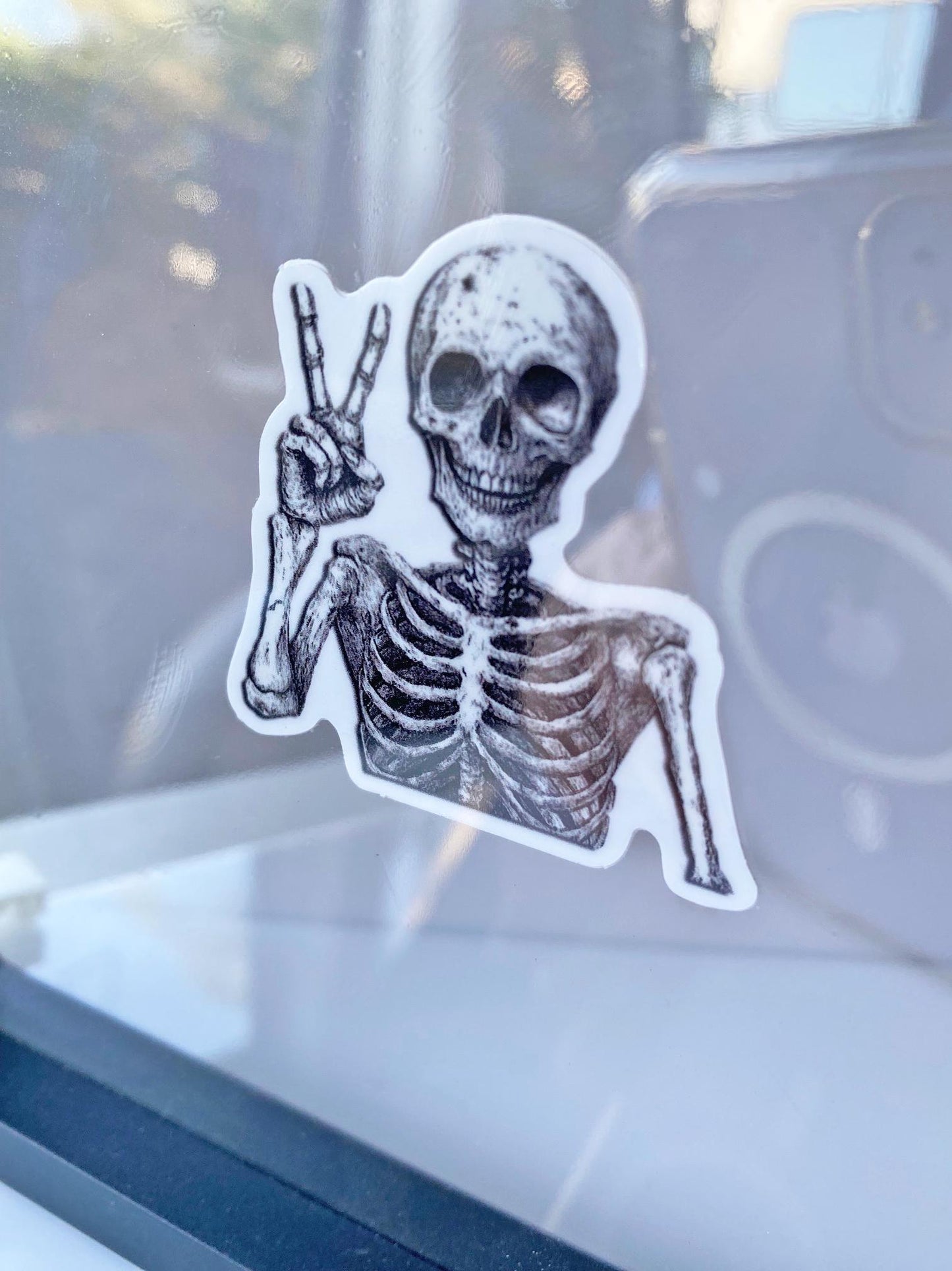Skeleton Peace Sign Sticker – Spooky 2" Vinyl with Attitude from Beyond the Grave – Goth, Oddity, Paranormal & Alt Vibes