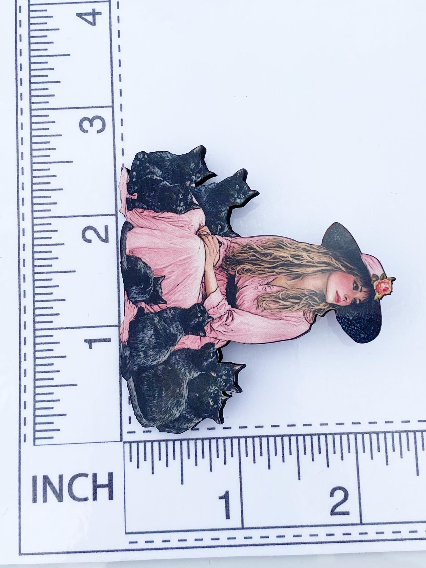 Mystical Woman & Black Cats Brooch – Sublimated Laser Cut Wood | Witchy Whimsy for Cat Lovers and Vintage Fashion Fans
